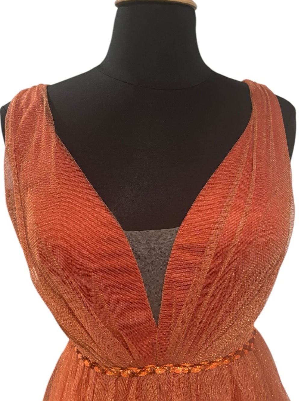 Mgiacy Burnt Orange/Rust Brown Tulle A-Line V-Neck Evening Prom Dress-size M - Picture 4 of 9